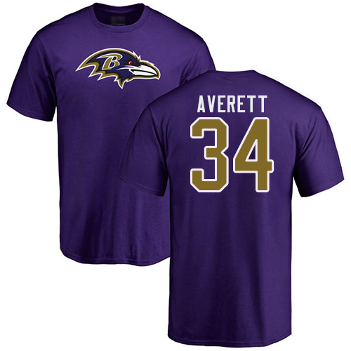 Men Baltimore Ravens Purple Anthony Averett Name and Number Logo NFL Football #34 T Shirt